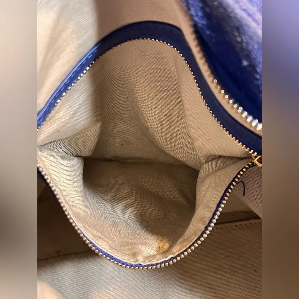 Tory Burch Suede Blue Hobo Bag leather trim gold tone hardware zip top classic